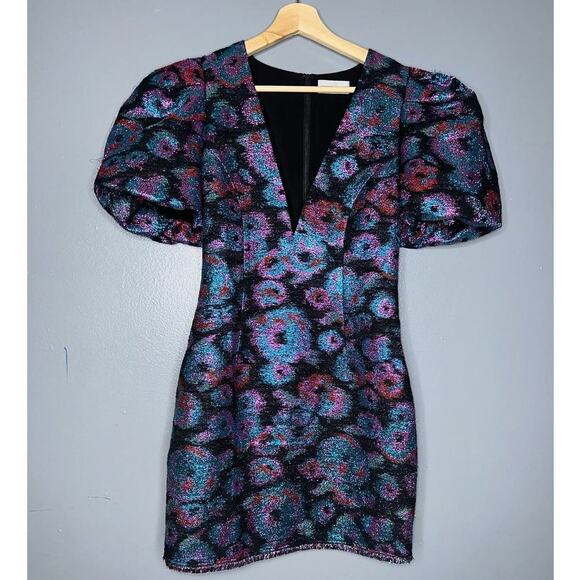 Rebecca Vallance Leila Puff Sleeve Mini Dress Metallic Blue/Purple Size US 2 - Picture 2 of 8